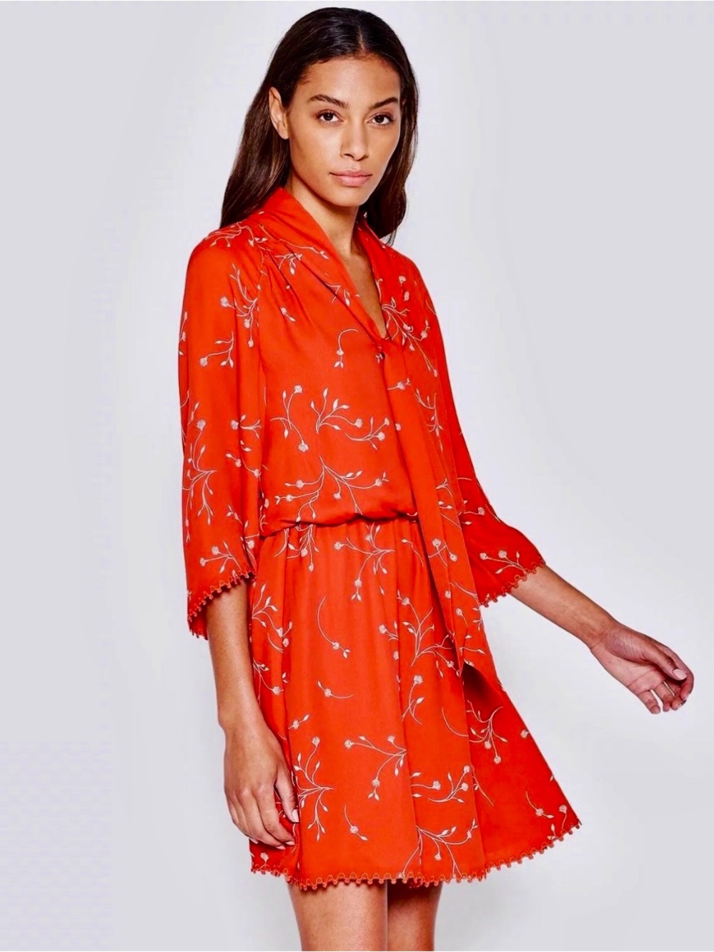 Joie Orange-Red Floral Tie-Neck Mini Dress